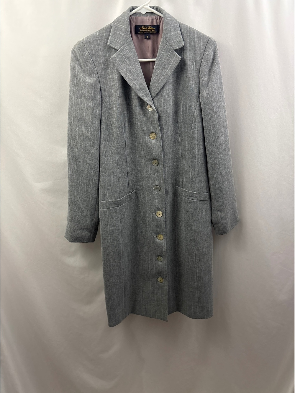 Vintage Brooks Brothers Womens Long Blazer Coat Size 4 Gray Pinstripe